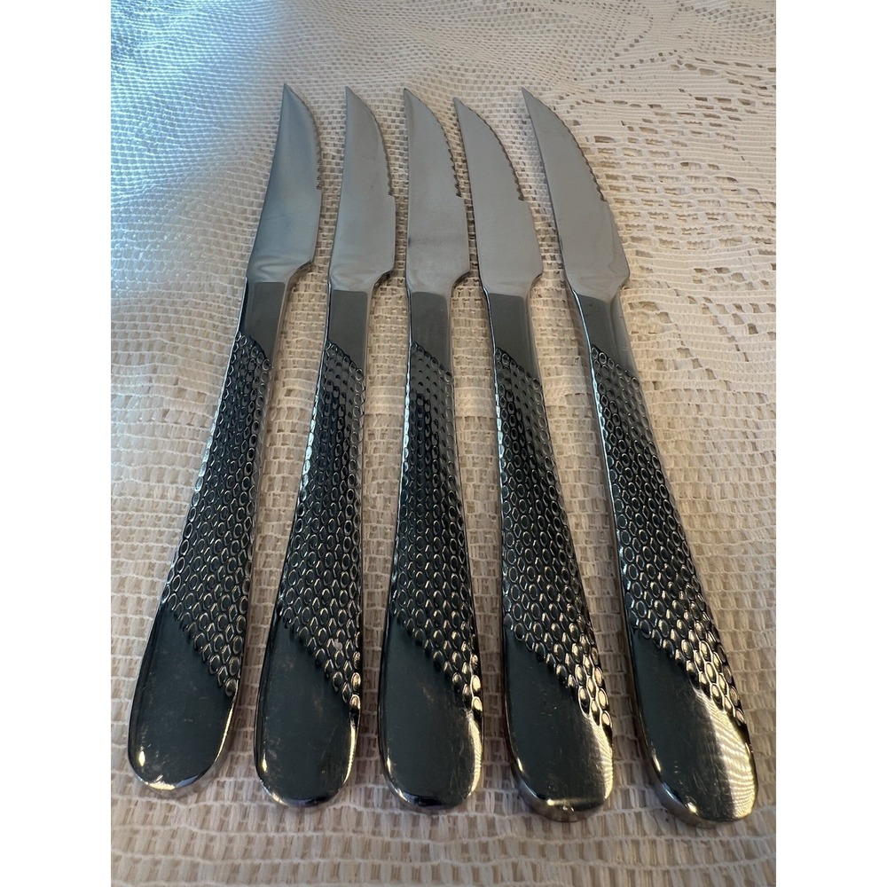 Stainless Steel Steak Knives Set of 5 Unbranded Textured Metal Handles